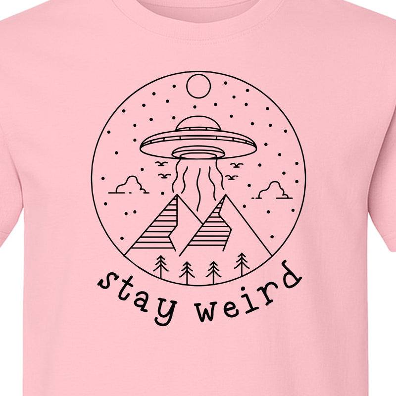 UFO T-Shirt, Stay Weird Alien Spaceship Mountain Graphic Tee for Space Lovers and Sci Fi Fans