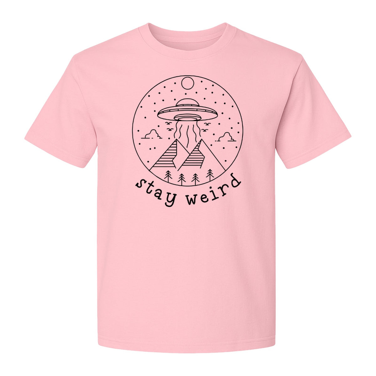UFO T-Shirt, Stay Weird Alien Spaceship Mountain Graphic Tee for Space Lovers and Sci Fi Fans
