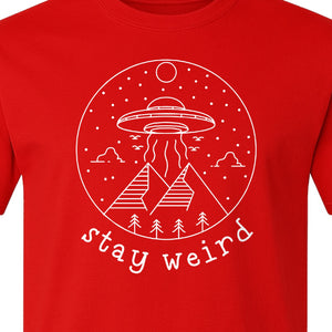 UFO T-Shirt, Stay Weird Alien Spaceship Mountain Graphic Tee for Space Lovers and Sci Fi Fans
