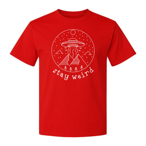 UFO T-Shirt, Stay Weird Alien Spaceship Mountain Graphic Tee for Space Lovers and Sci Fi Fans