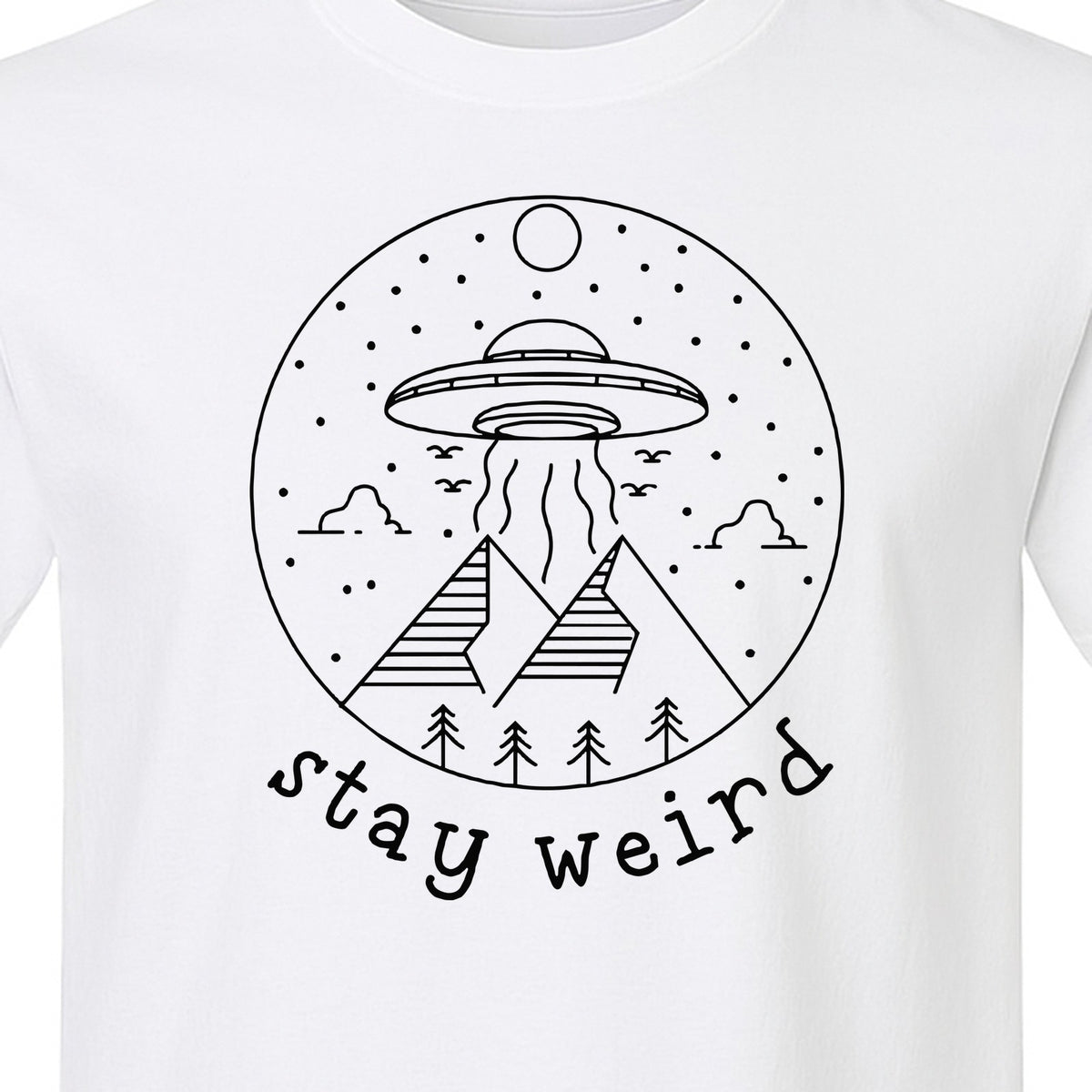 UFO T-Shirt, Stay Weird Alien Spaceship Mountain Graphic Tee for Space Lovers and Sci Fi Fans