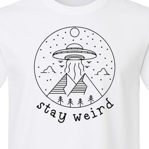 UFO T-Shirt, Stay Weird Alien Spaceship Mountain Graphic Tee for Space Lovers and Sci Fi Fans