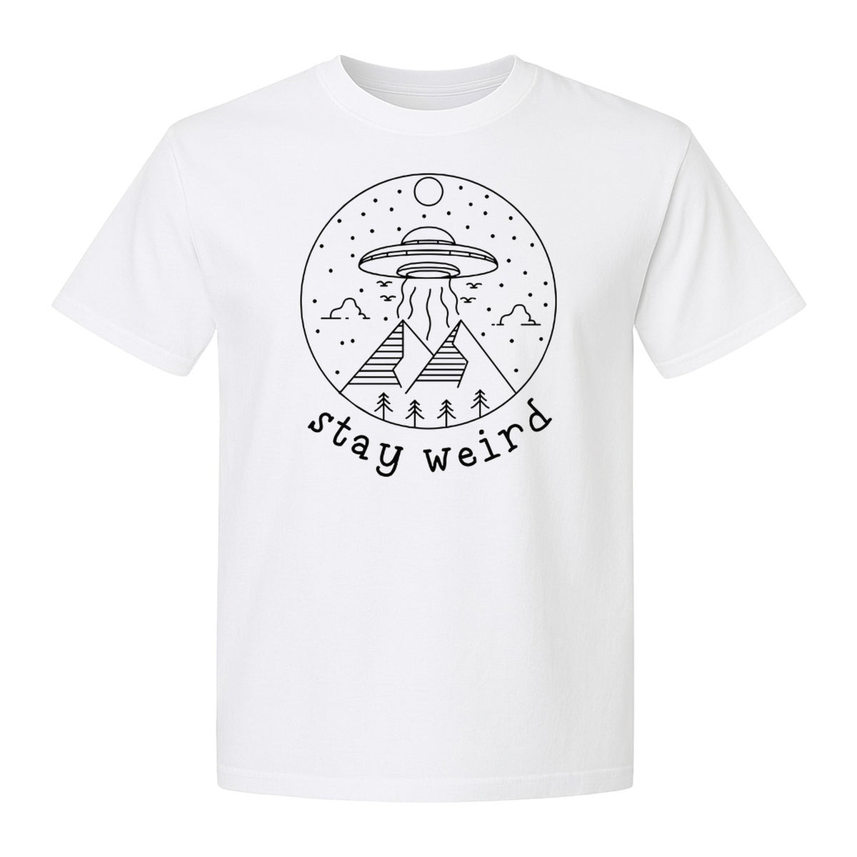 UFO T-Shirt, Stay Weird Alien Spaceship Mountain Graphic Tee for Space Lovers and Sci Fi Fans