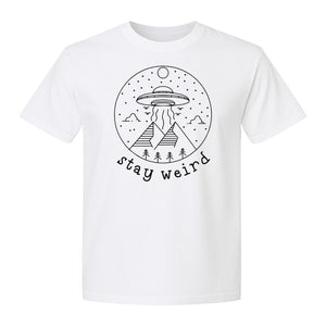 UFO T-Shirt, Stay Weird Alien Spaceship Mountain Graphic Tee for Space Lovers and Sci Fi Fans