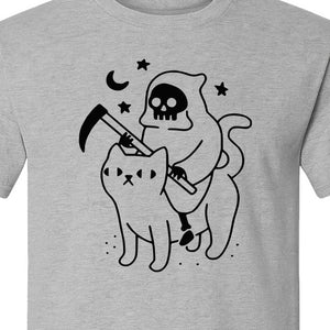 Grim Reaper Halloween T-Shirt, Riding Black Cat Spooky Gothic Costume Graphic