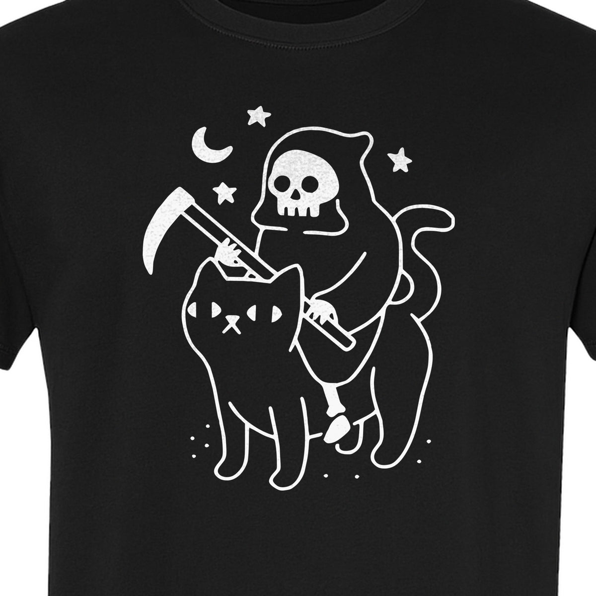 Grim Reaper Halloween T-Shirt, Riding Black Cat Spooky Gothic Costume Graphic