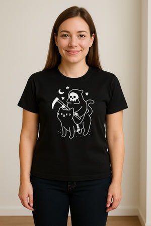 Grim Reaper Halloween T-Shirt, Riding Black Cat Spooky Gothic Costume Graphic