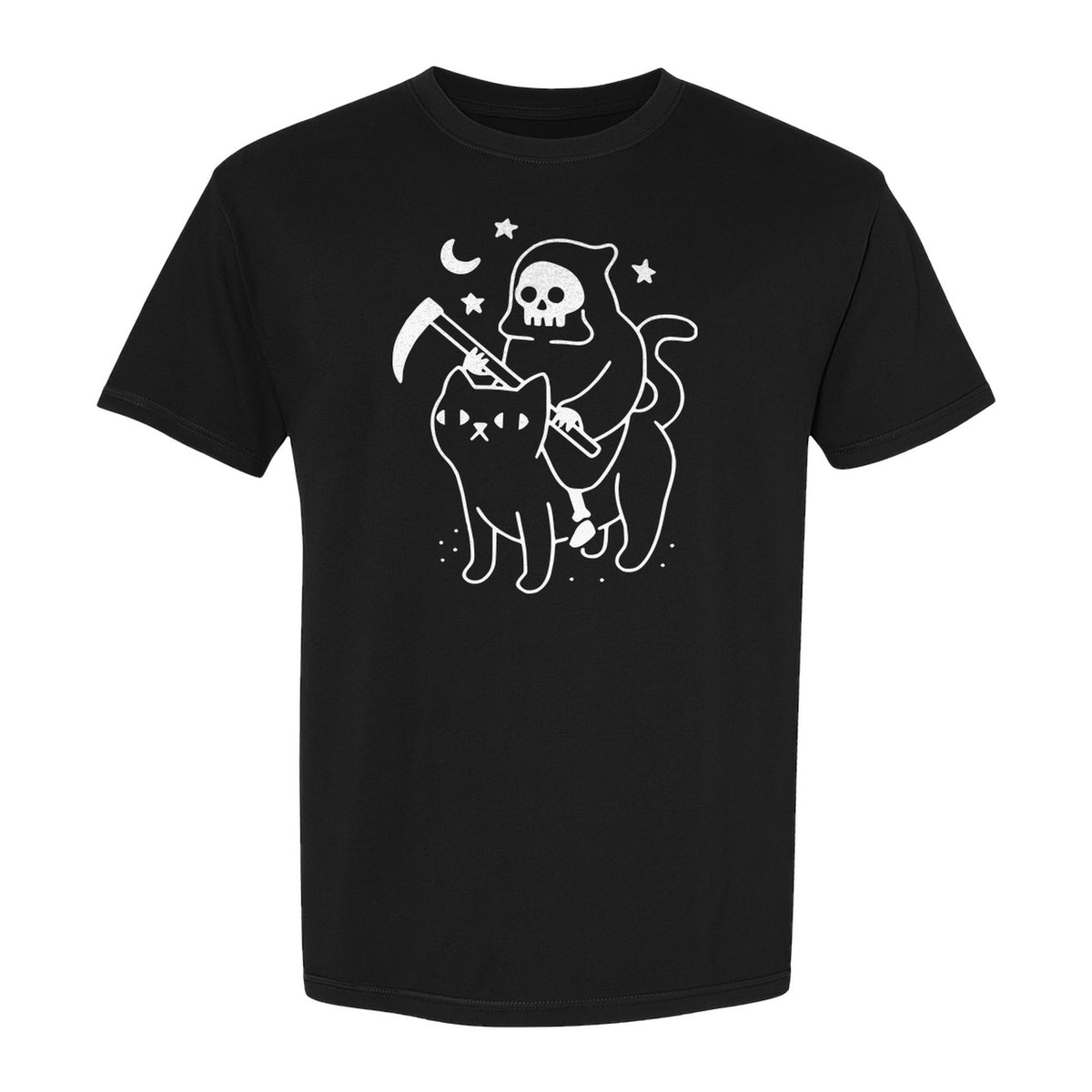 Grim Reaper Halloween T-Shirt, Riding Black Cat Spooky Gothic Costume Graphic