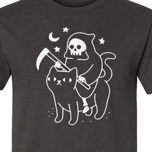 Grim Reaper Halloween T-Shirt, Riding Black Cat Spooky Gothic Costume Graphic