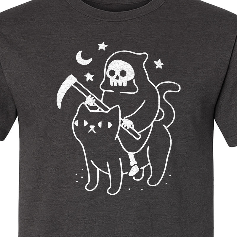 Grim Reaper Halloween T-Shirt, Riding Black Cat Spooky Gothic Costume Graphic