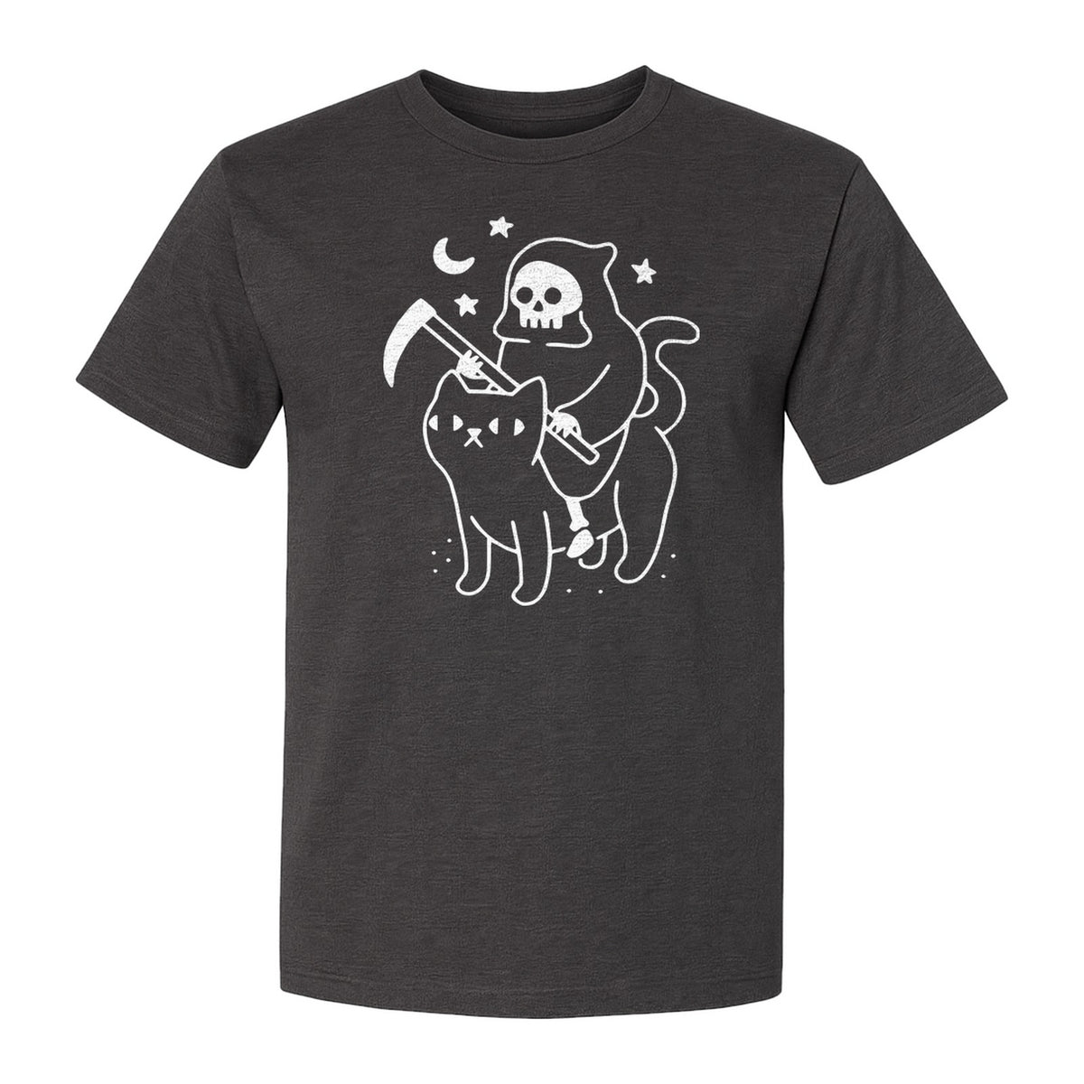 Grim Reaper Halloween T-Shirt, Riding Black Cat Spooky Gothic Costume Graphic