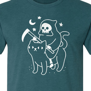Grim Reaper Halloween T-Shirt, Riding Black Cat Spooky Gothic Costume Graphic