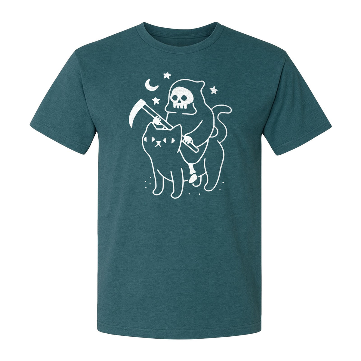 Grim Reaper Halloween T-Shirt, Riding Black Cat Spooky Gothic Costume Graphic