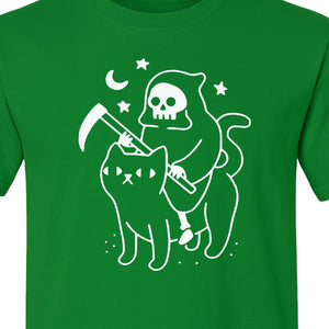 Grim Reaper Halloween T-Shirt, Riding Black Cat Spooky Gothic Costume Graphic