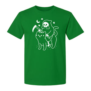 Grim Reaper Halloween T-Shirt, Riding Black Cat Spooky Gothic Costume Graphic