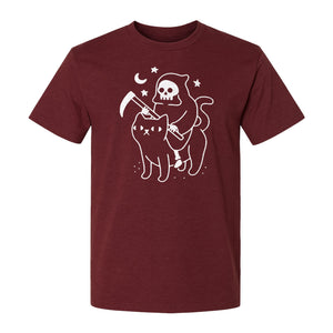 Grim Reaper Halloween T-Shirt, Riding Black Cat Spooky Gothic Costume Graphic