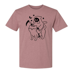 Grim Reaper Halloween T-Shirt, Riding Black Cat Spooky Gothic Costume Graphic