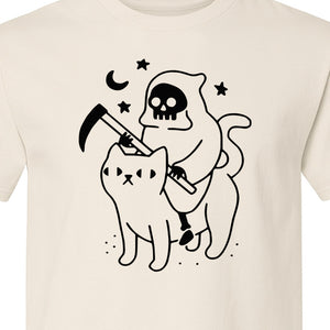 Grim Reaper Halloween T-Shirt, Riding Black Cat Spooky Gothic Costume Graphic