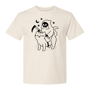 Grim Reaper Halloween T-Shirt, Riding Black Cat Spooky Gothic Costume Graphic