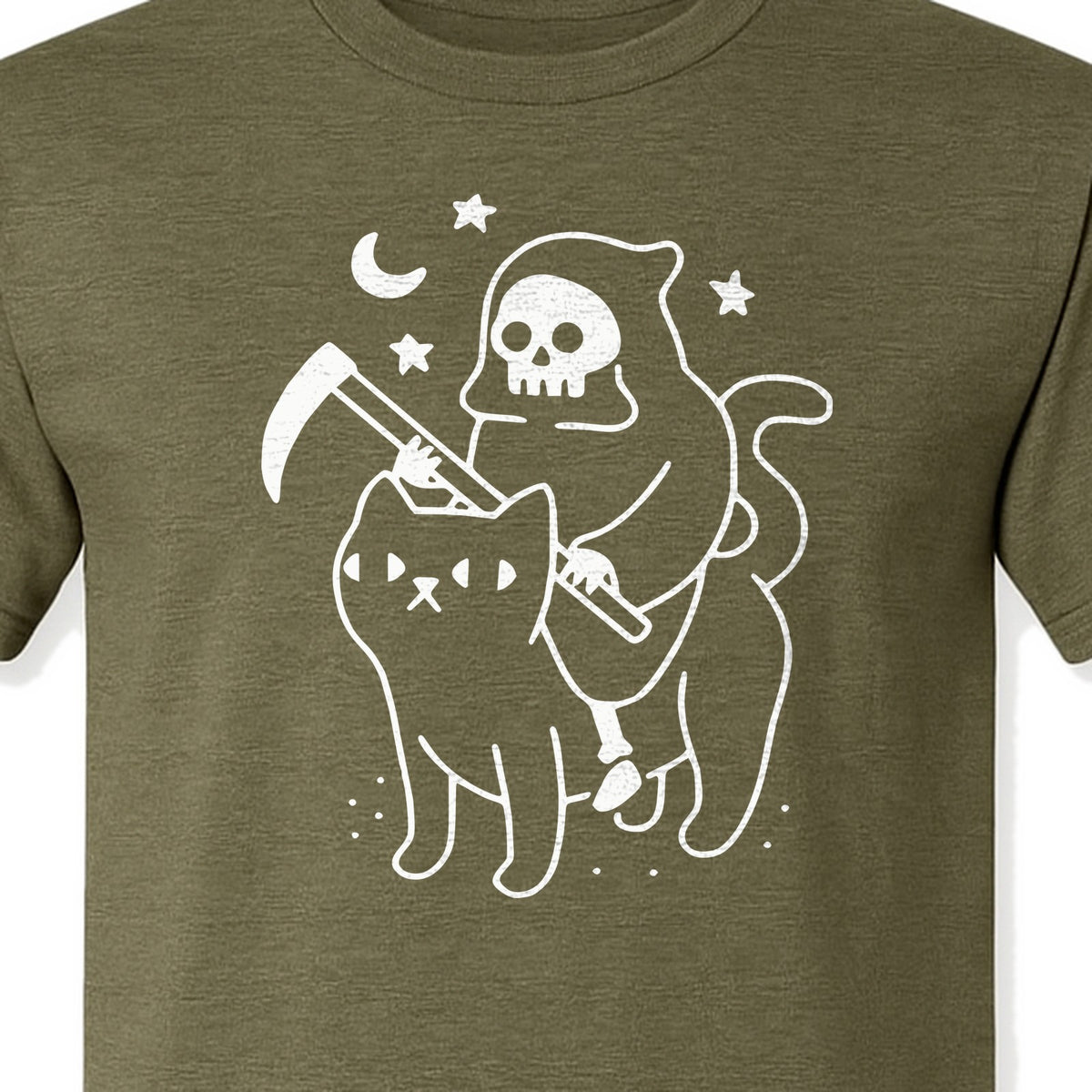 Grim Reaper Halloween T-Shirt, Riding Black Cat Spooky Gothic Costume Graphic