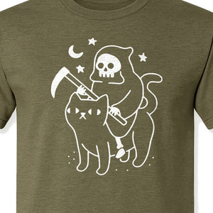 Grim Reaper Halloween T-Shirt, Riding Black Cat Spooky Gothic Costume Graphic