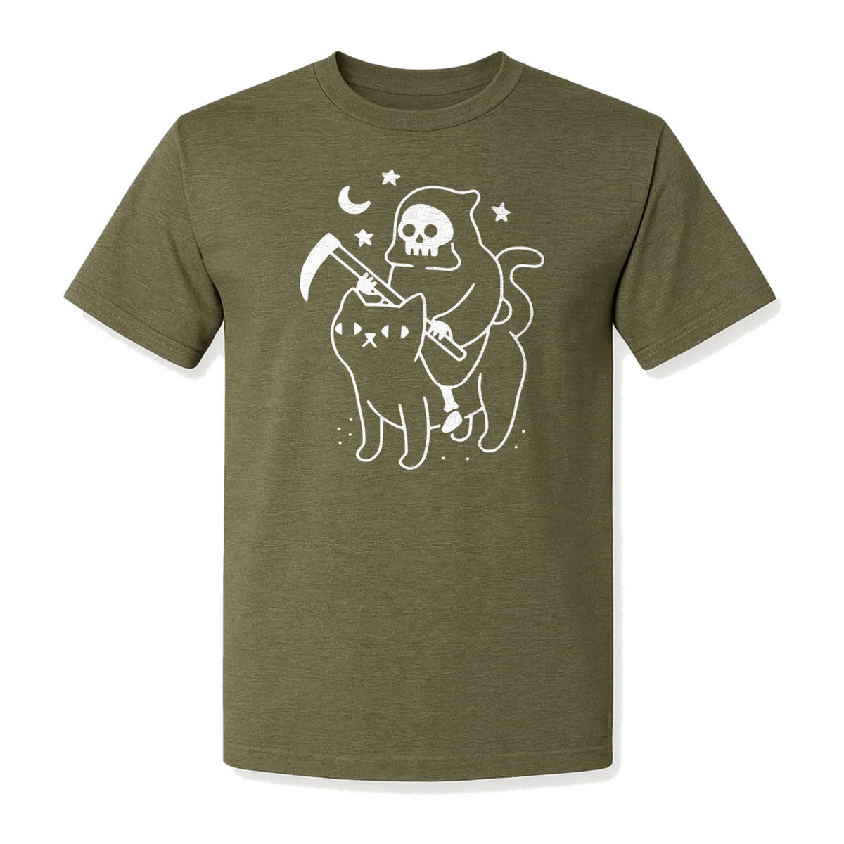 Grim Reaper Halloween T-Shirt, Riding Black Cat Spooky Gothic Costume Graphic