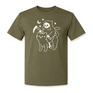 Grim Reaper Halloween T-Shirt, Riding Black Cat Spooky Gothic Costume Graphic