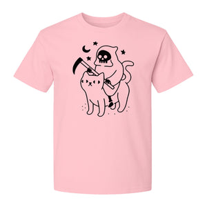 Grim Reaper Halloween T-Shirt, Riding Black Cat Spooky Gothic Costume Graphic