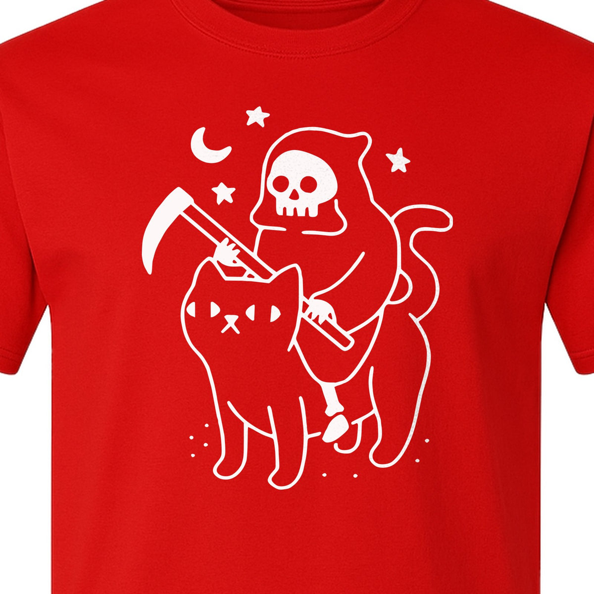 Grim Reaper Halloween T-Shirt, Riding Black Cat Spooky Gothic Costume Graphic