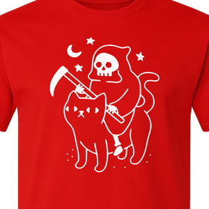 Grim Reaper Halloween T-Shirt, Riding Black Cat Spooky Gothic Costume Graphic