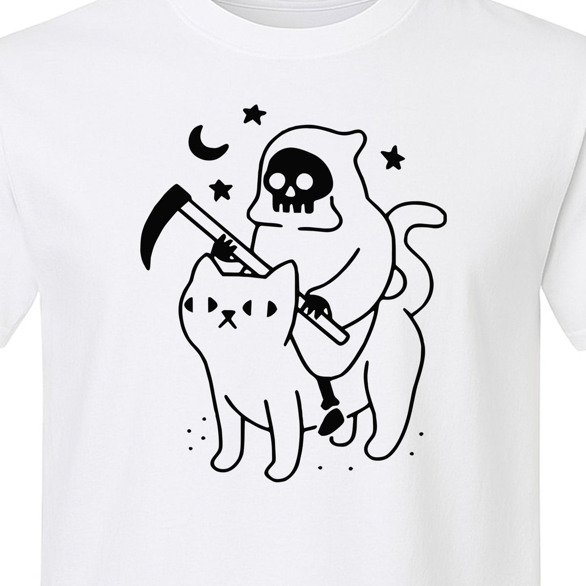 Grim Reaper Halloween T-Shirt, Riding Black Cat Spooky Gothic Costume Graphic