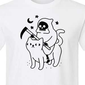 Grim Reaper Halloween T-Shirt, Riding Black Cat Spooky Gothic Costume Graphic