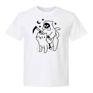 Grim Reaper Halloween T-Shirt, Riding Black Cat Spooky Gothic Costume Graphic