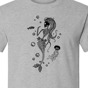 Mermaid Skeleton T-Shirt, Spooky Underwater Skelemaid Graphic for Halloween Parties and Ocean Fans