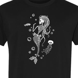 Mermaid Skeleton T-Shirt, Spooky Underwater Skelemaid Graphic for Halloween Parties and Ocean Fans