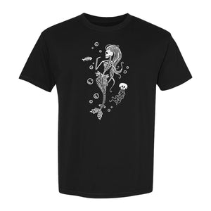 Mermaid Skeleton T-Shirt, Spooky Underwater Skelemaid Graphic for Halloween Parties and Ocean Fans