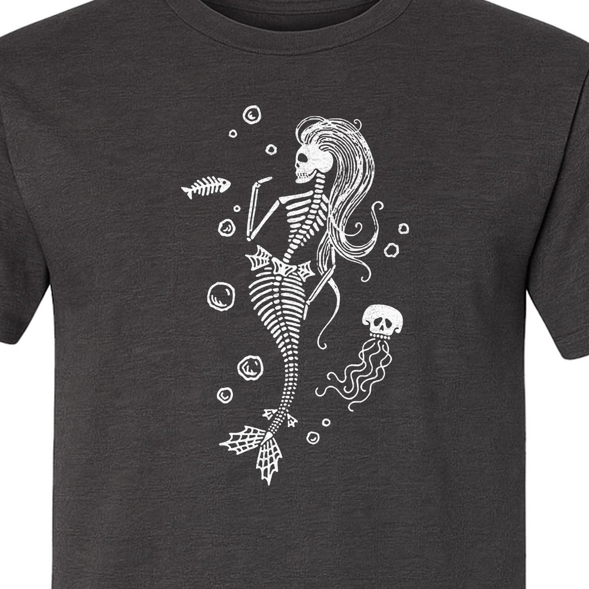 Mermaid Skeleton T-Shirt, Spooky Underwater Skelemaid Graphic for Halloween Parties and Ocean Fans