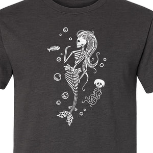 Mermaid Skeleton T-Shirt, Spooky Underwater Skelemaid Graphic for Halloween Parties and Ocean Fans