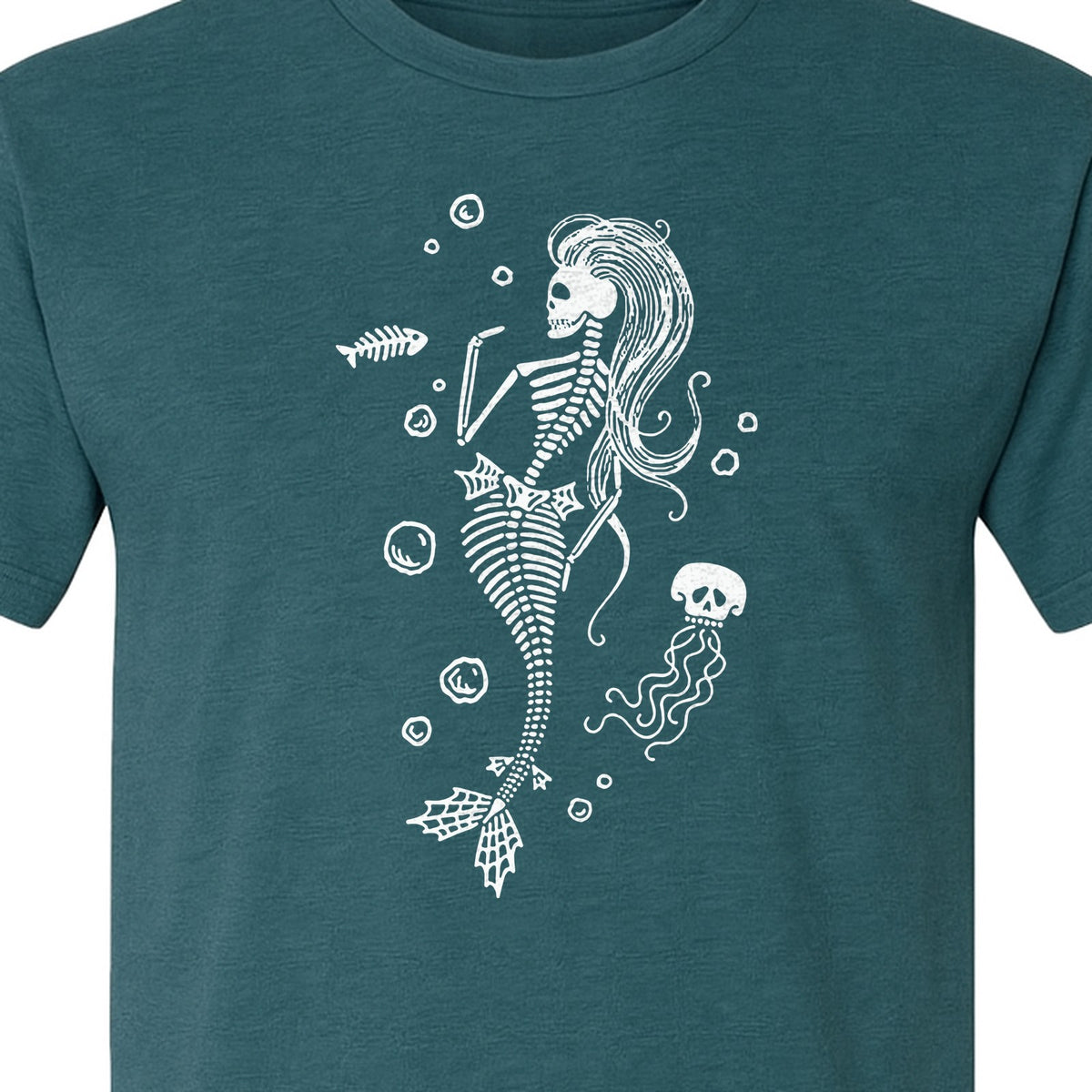 Mermaid Skeleton T-Shirt, Spooky Underwater Skelemaid Graphic for Halloween Parties and Ocean Fans
