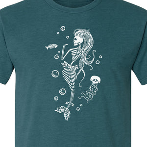 Mermaid Skeleton T-Shirt, Spooky Underwater Skelemaid Graphic for Halloween Parties and Ocean Fans