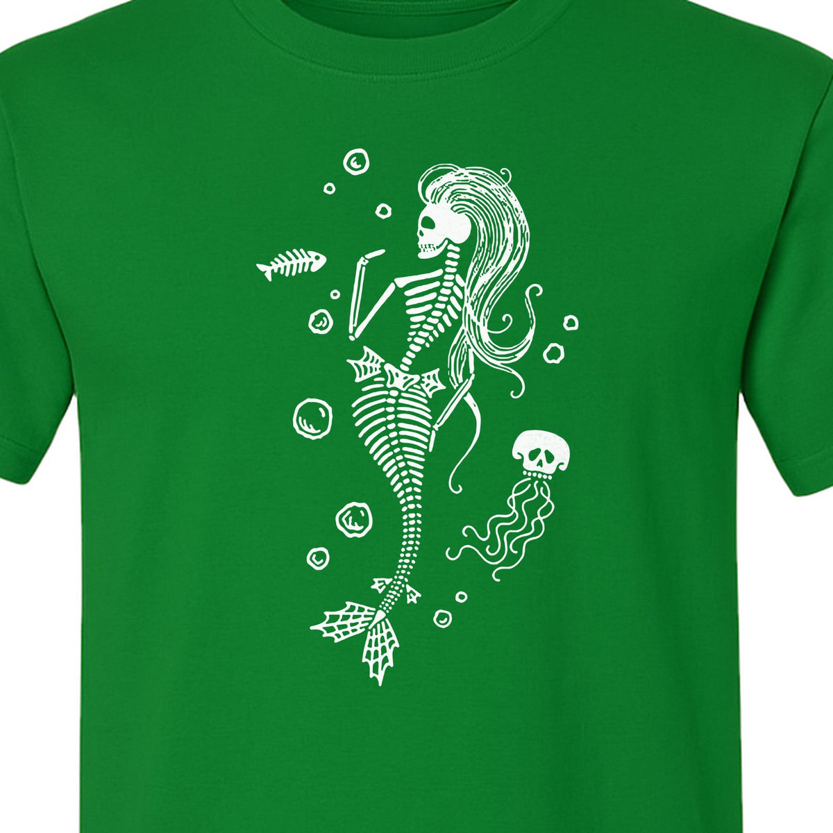 Mermaid Skeleton T-Shirt, Spooky Underwater Skelemaid Graphic for Halloween Parties and Ocean Fans