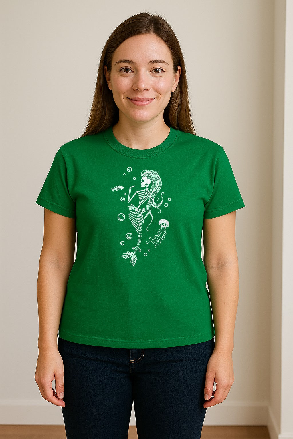 Mermaid Skeleton T-Shirt, Spooky Underwater Skelemaid Graphic for Halloween Parties and Ocean Fans