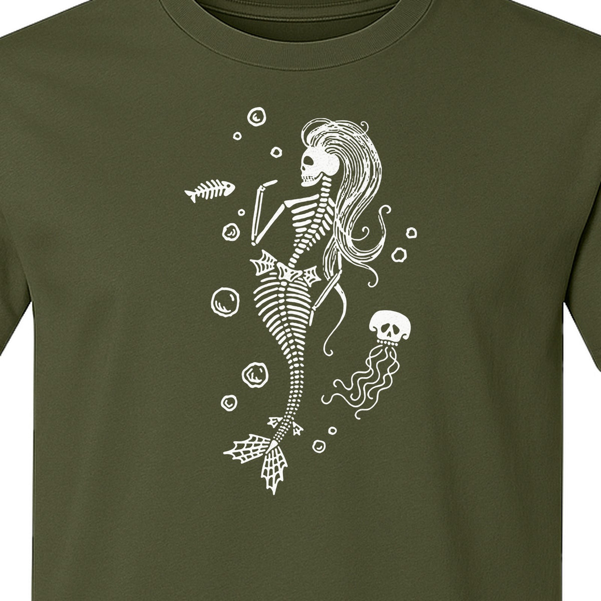 Mermaid Skeleton T-Shirt, Spooky Underwater Skelemaid Graphic for Halloween Parties and Ocean Fans