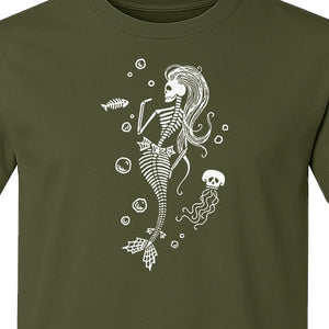 Mermaid Skeleton T-Shirt, Spooky Underwater Skelemaid Graphic for Halloween Parties and Ocean Fans