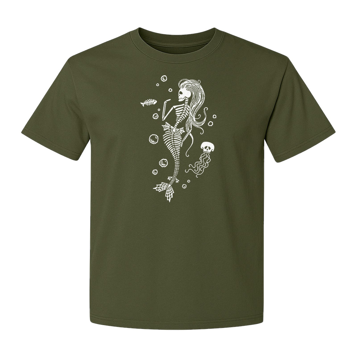 Mermaid Skeleton T-Shirt, Spooky Underwater Skelemaid Graphic for Halloween Parties and Ocean Fans