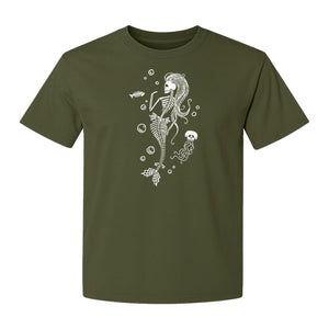 Mermaid Skeleton T-Shirt, Spooky Underwater Skelemaid Graphic for Halloween Parties and Ocean Fans