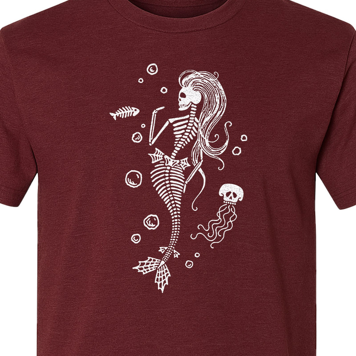 Mermaid Skeleton T-Shirt, Spooky Underwater Skelemaid Graphic for Halloween Parties and Ocean Fans