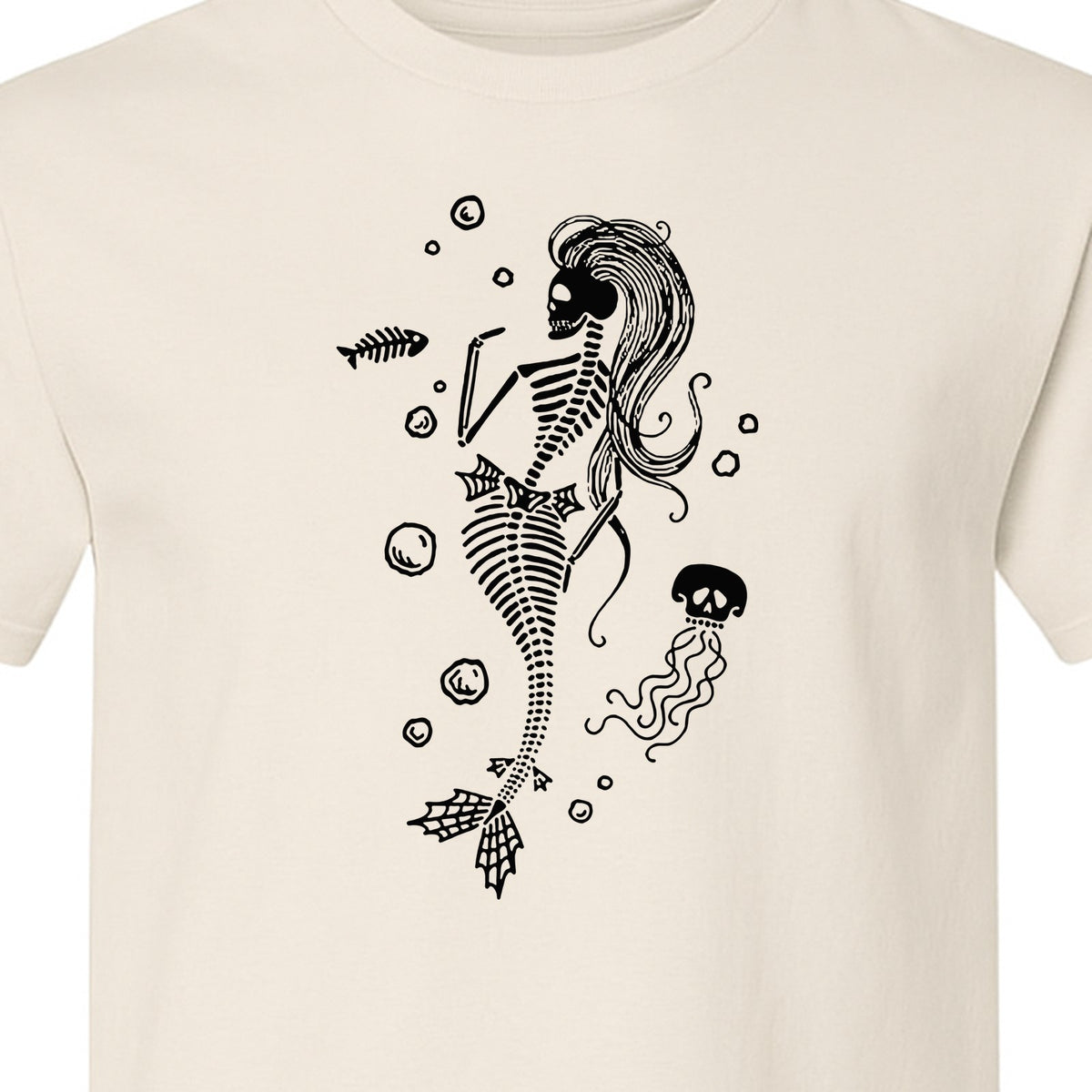 Mermaid Skeleton T-Shirt, Spooky Underwater Skelemaid Graphic for Halloween Parties and Ocean Fans