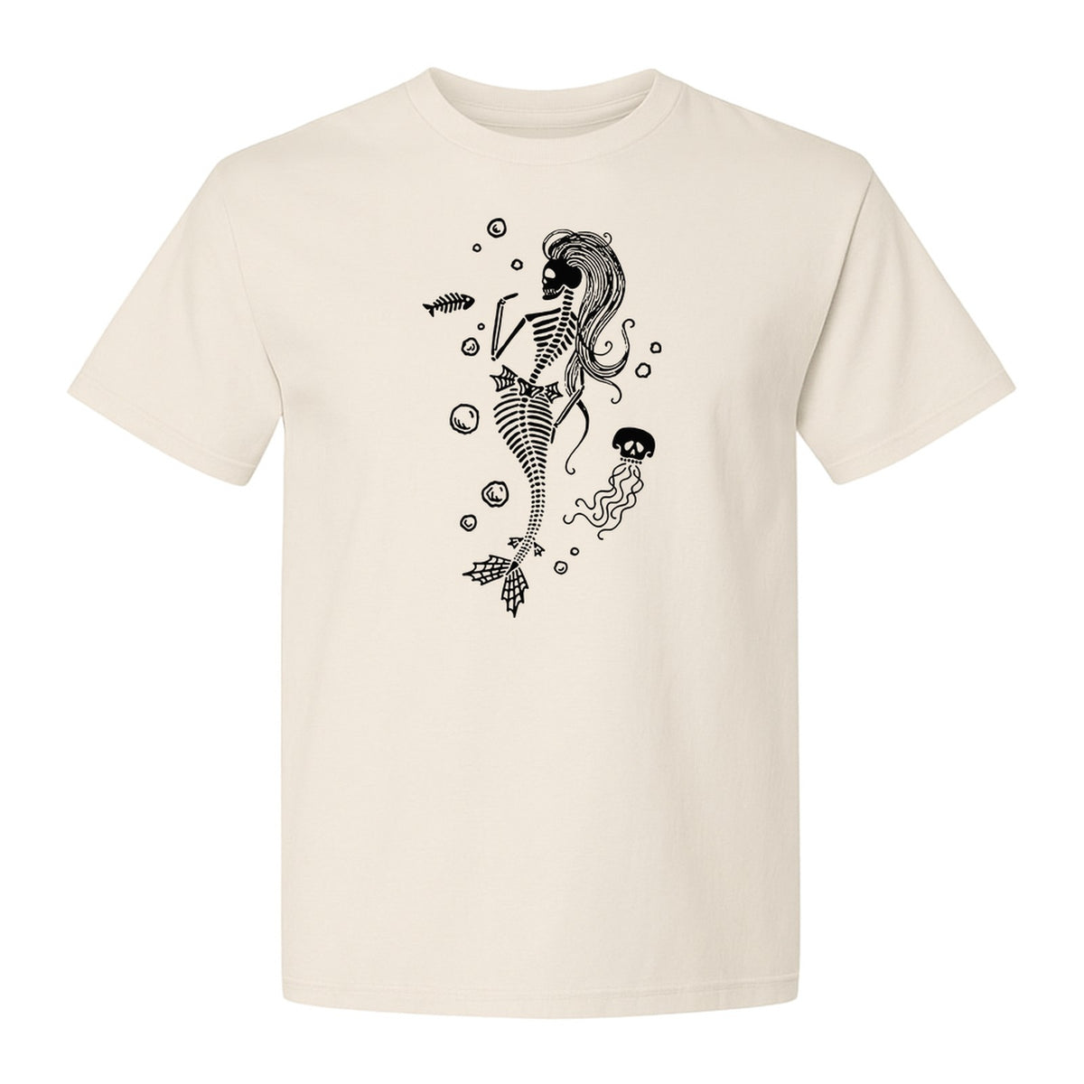 Mermaid Skeleton T-Shirt, Spooky Underwater Skelemaid Graphic for Halloween Parties and Ocean Fans