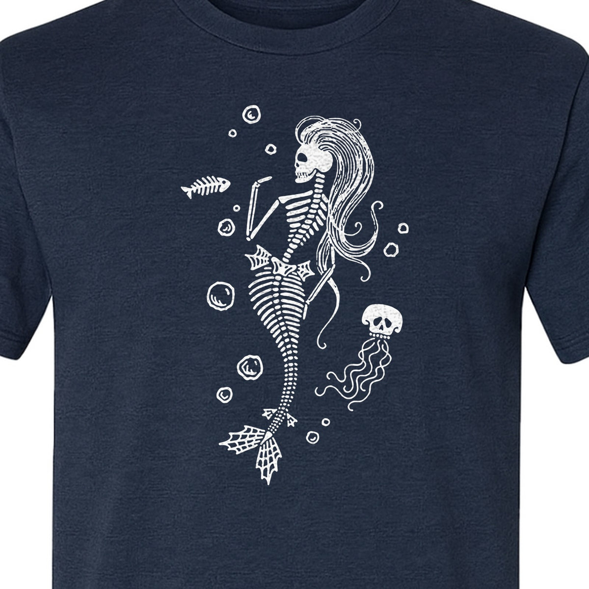 Mermaid Skeleton T-Shirt, Spooky Underwater Skelemaid Graphic for Halloween Parties and Ocean Fans